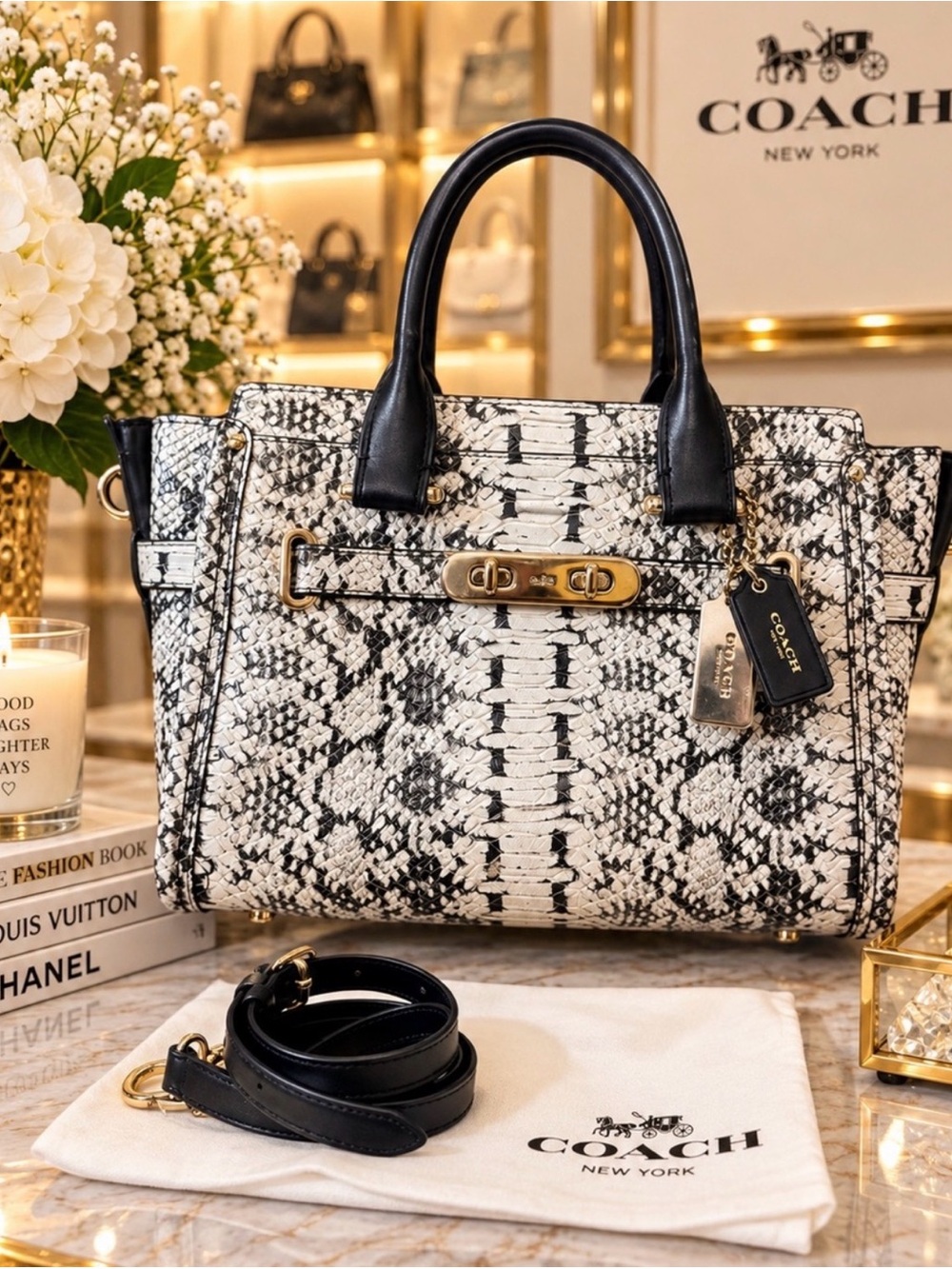 COACH Rare Snake Print Leather Satchel Two Hang Tags